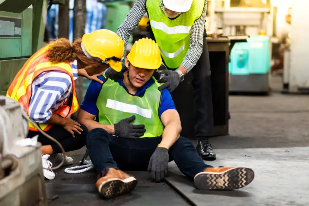A construction worker in a hard hat and safety vest sitting on the floor while co-workers help him.